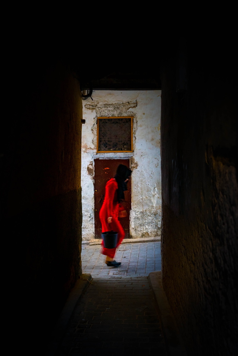 door, belief, dress, adult, architecture, religion, 2K, kameez, standing, red, building, entrance, clothing, dark, built structure, women, woman, rear view