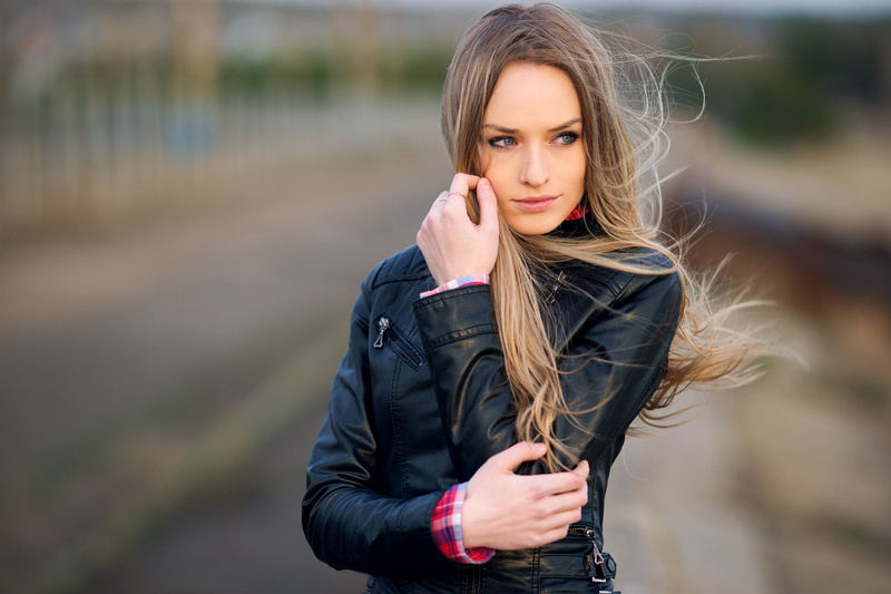 standing, one person, young women, leather jackets, front view, jacket, blue eyes, pierced nose, Nikita Zavolokin, beautiful woman, touching face, 1080P
