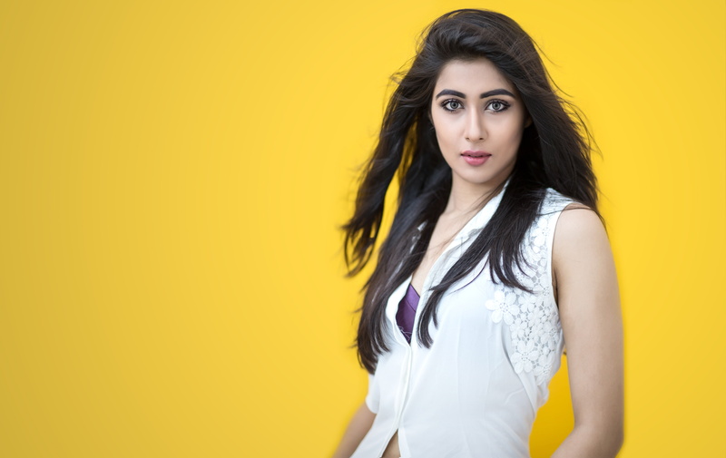 copy space, fashion, young adult, nikita, indoors, women, hairstyle, 4K, studio shot, long hair, yellow background, front view, looking at camera, sharma