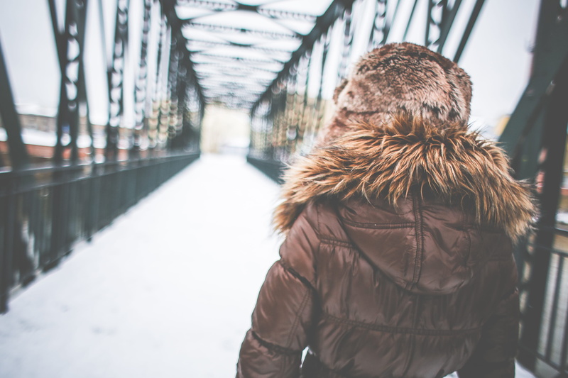 Girl in Winter, hair, people, warm clothing, waist up, bridge, urban Scene, young Adult, rear view, architecture, outdoors, iron, steel, snow, clothing