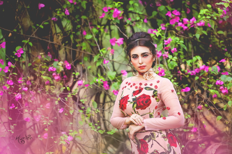 floral pattern, portrait, model, flowering plant, real people, women, outdoors, beautiful woman, young women, front view, black hair, hairstyle, plant