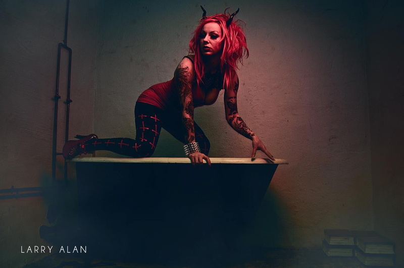 Larry Alan, dyed hair, looking at camera, redhead, long hair, fashion, young women, women, hairstyle, tattoo, horns, real people, indoors, lifestyles, beautiful woman