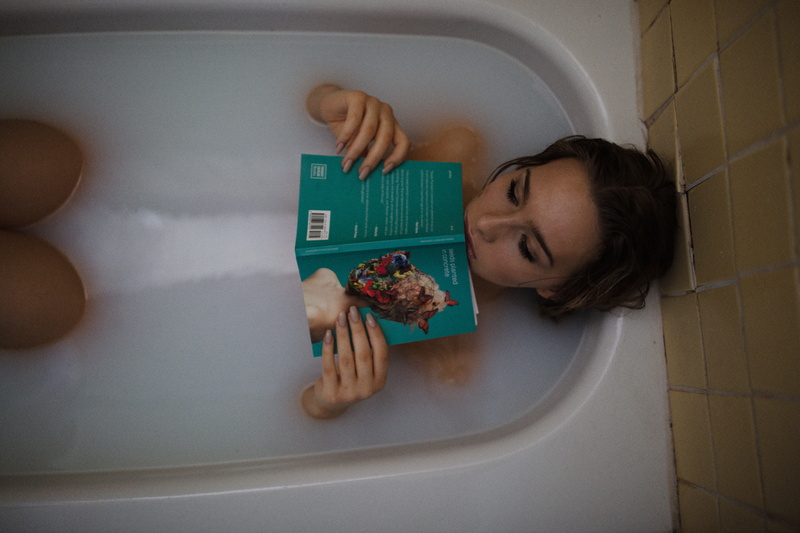 women, high angle view, bath, domestic bathroom, indoors, tub, portrait, one person, domestic room, relaxation, hygiene, childhood, green, covered, ceramic