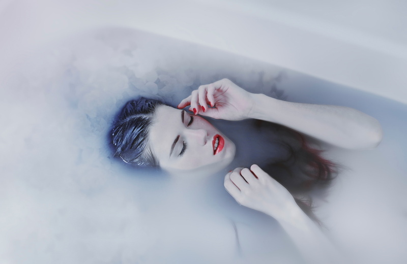 bathtub, painted nails, model, 5K, pale, closed eyes, women, red lipstick