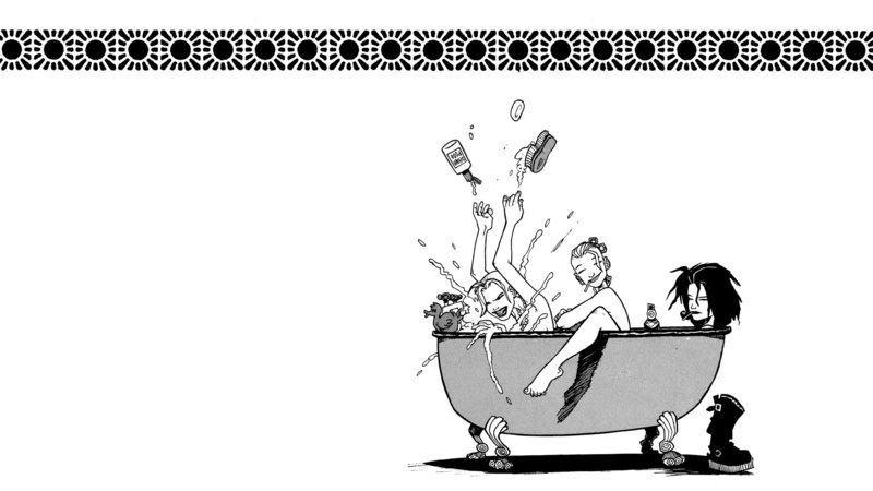 bw, bathtub, girl, 1080P, woman, man, bath, two, white, tank, cartoon/comic, illustration, hd