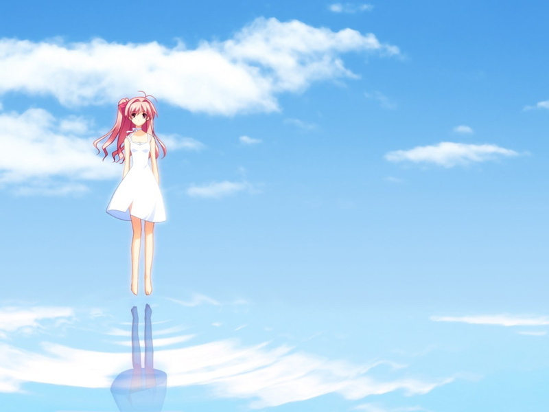 sky, front view, 720P, three quarter length, chaoshead anime sakihata rimi, human arm, outdoors, young women, one person, young adult, day, women, blue