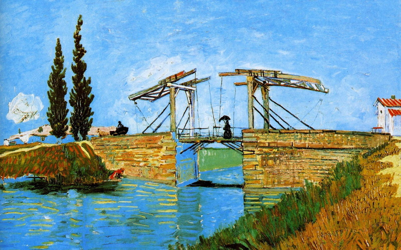 trees, bridge, brown, painting, home, Vincent Van Gogh, channel, girl, the sky, picture, Langlois Bridge At Arles With Women Washing, 1080P