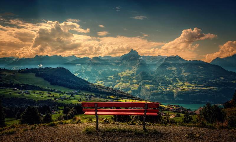 sunset, blue, lake, sun, plant, dusk, cloudscape, wood - Material, sky, landscaped, scenics - nature, tourism, mountain Peak, european Alps, landscape
