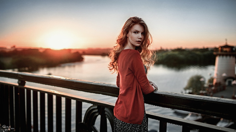 fashion, redhead, one person, railing, river, sweater, sky, hair, dress, outdoors, women, open sweater, 1080P, adult, bridge, beautiful woman, young adult