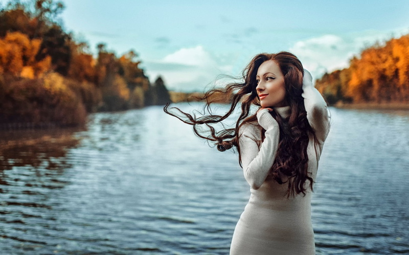720P, outdoors, model, contemplation, lifestyles, one person, nature, women, water, river, hair, sweater dress, young adult, hairstyle, leisure activity