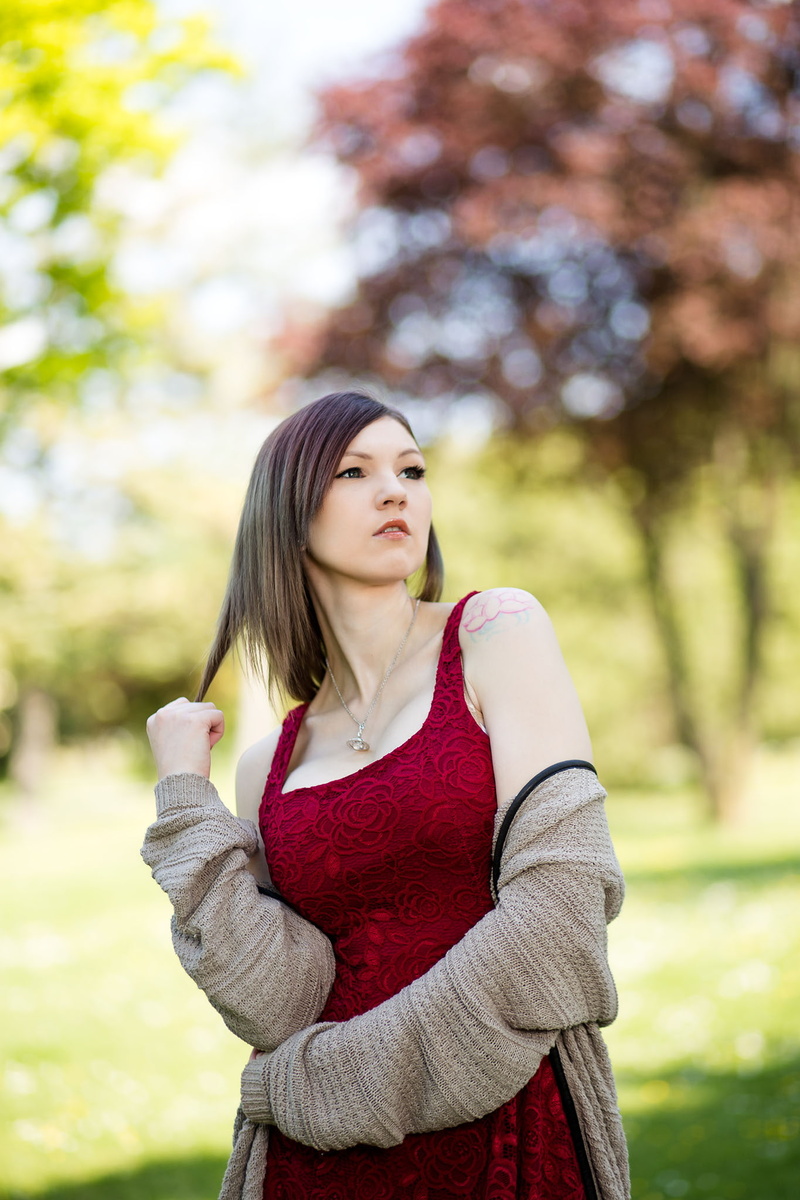 dyed hair, adult, model, depth of field, sweater, portrait, hairstyle, red, long hair, young adult, brown hair, beauty, tree, one person, hair, beautiful woman