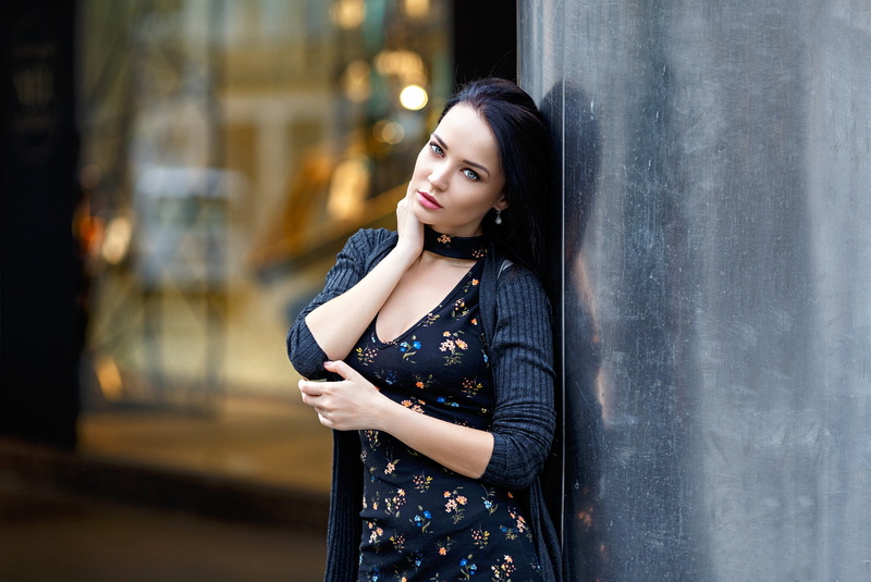 brunette, women outdoors, blue eyes, depth of field, 1080P, cleavage, open sweater, portrait, Denis Petrov, women, dress, face, Angelina Petrova