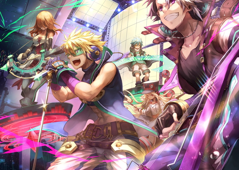 blonde, stage, guitar, enjoyment, Anime, anime band, anime boys, leisure activity, anime girls, men, amusement park, amusement park ride, group of people