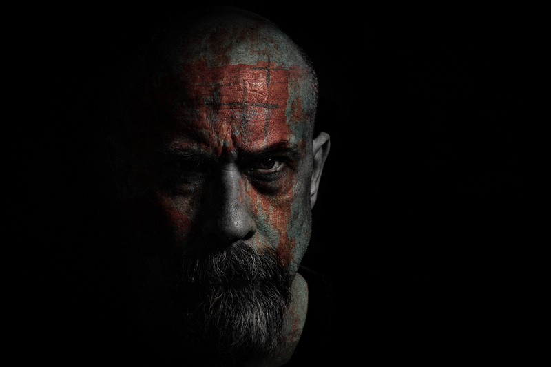 red, aggression, man, fear, celebration, paint, spooky, portrait, indoors, close-up, human face, black background, halloween, studio shot, headshot, adult