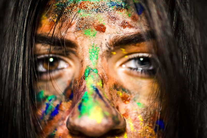 paint, beautiful, face, sensory perception, headshot, multi colored, adult, hairstyle, eyesight, person, blur, human eye, iris - eye, hair, model, eye