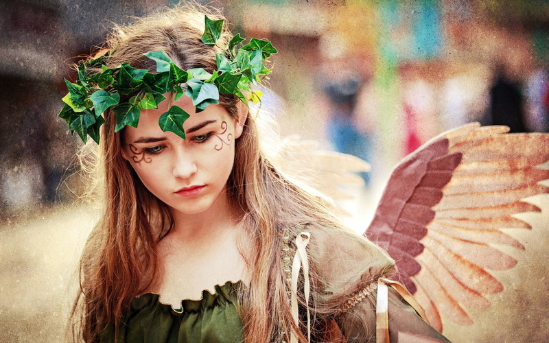 women, costumes, outdoors, lifestyles, brunette, long hair, beautiful woman, teenager, girls, women angel, leisure activity, plant, one person, face paint