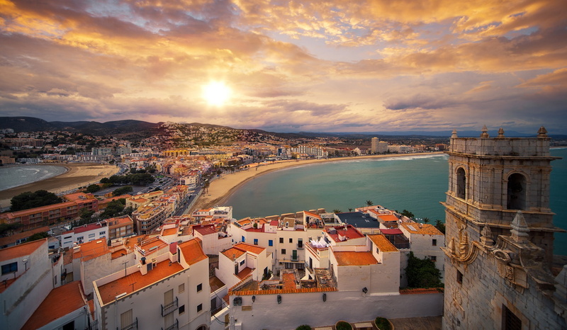 home, Valencia, coast, Mediterranean Sea, 1080P, building, clouds, Peniscola, The Mediterranean sea, panorama, castle, the sky, sea, Spain, Papa Lunas Castle