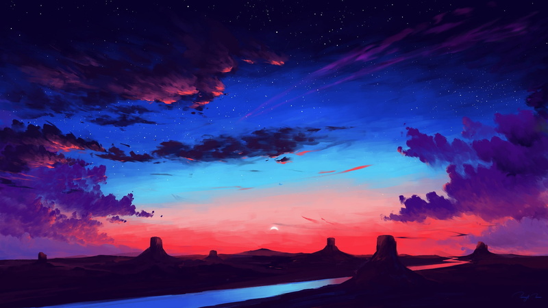 rocks, stars, clouds, sunset, river, 1080P, BisBiswas, digital art