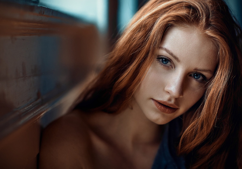 1080P, bokeh, face, redhead, blue eyes, closeup, Paul Pour, women, portrait