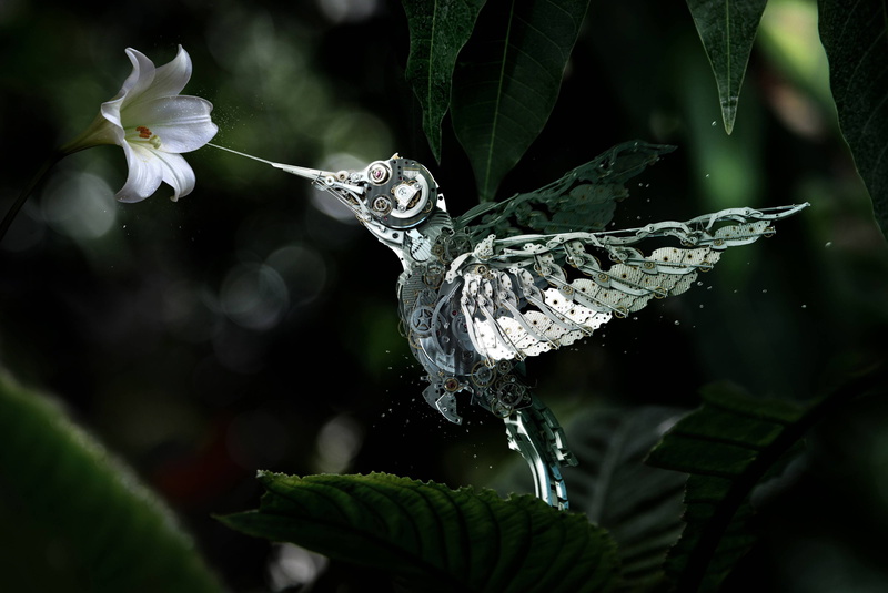 gears, digital art, birds, hummingbirds, white flowers, nature, machine, 4K, render, flowers