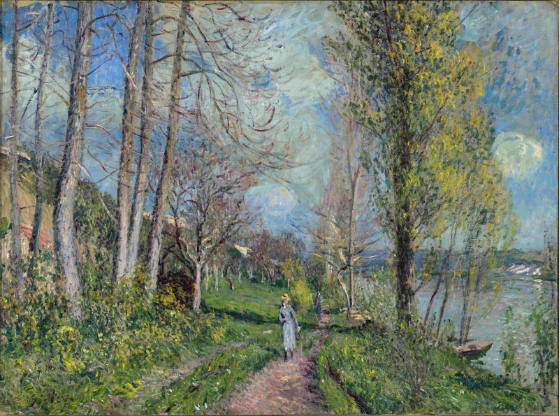 outdoors, tranquility, one person, girl, leisure activity, road, beauty in nature, painting, woman, path, footpath, land, standing, picture, tree, Alfred Sisley