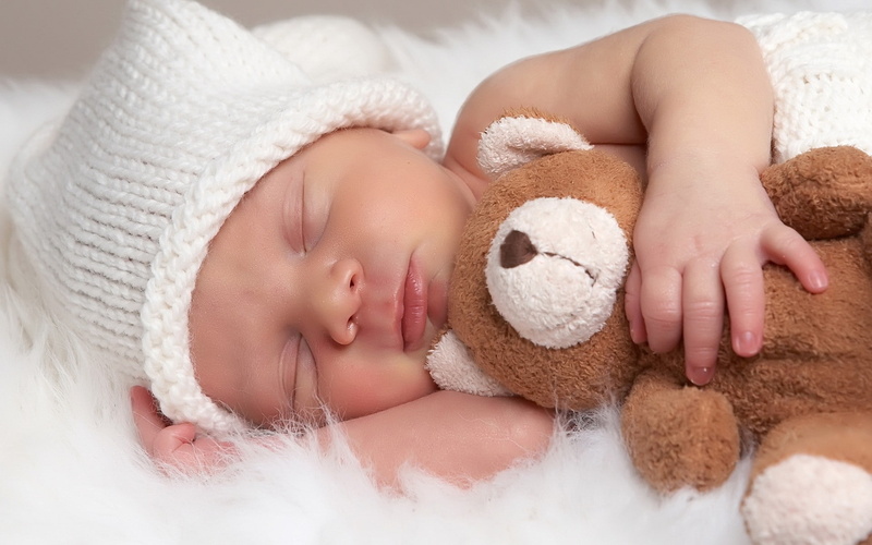 cute, innocence, childhood, comfortable, one person, teddy bear, child, 1080P, hat, eyes closed, toy, indoors, baby, young, relaxation, children, babyhood