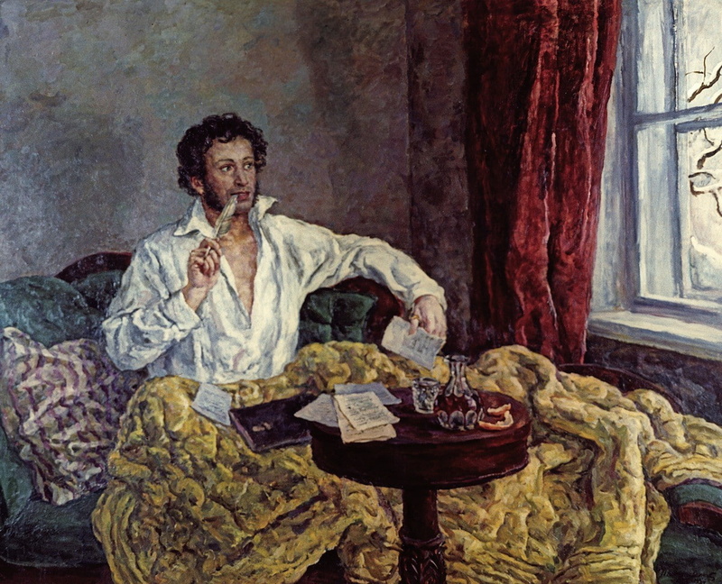 painting, men, table, Alexander Pushkin, feathers, blankets, paper, window, classic art, 480P