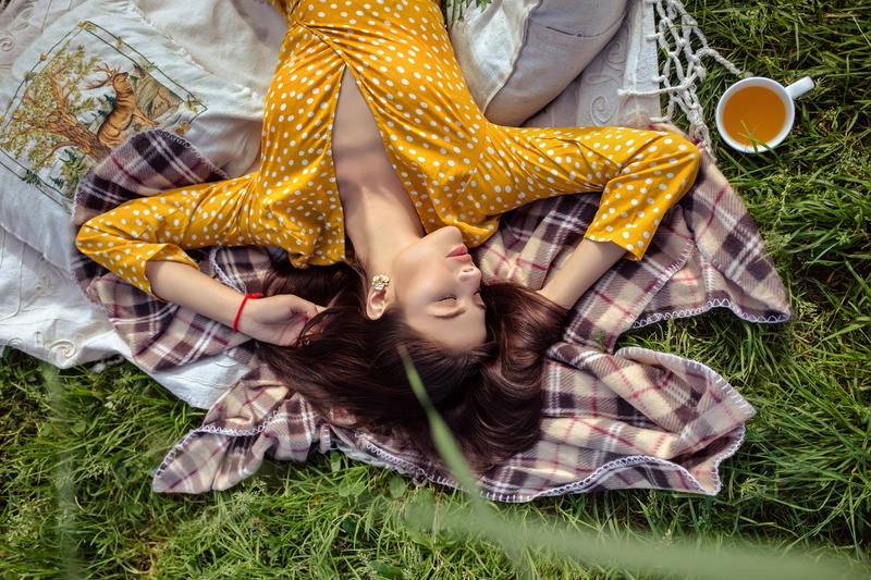 leisure activity, grass, field, positive emotion, lifestyles, 2K, two people, brunette, resting, nature, young women, outdoors, model, yellow dress, couple - relationship