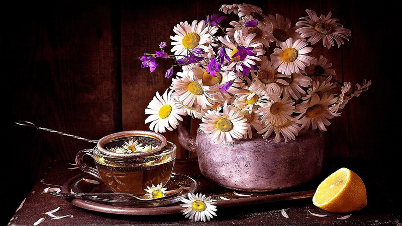 wood - material, purple, lemon, flower head, food, beauty in nature, still life, nature, indoors, flowering plant, bunch of flowers, bouquet, container