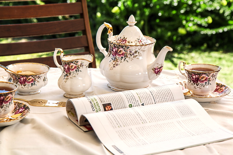 still life, yard, printed, tea, traditional, hot, cup, ceramic, chair, elegant, black, saucer, blur, 5K, close-up, teapot, tea set, textile, white, tradition