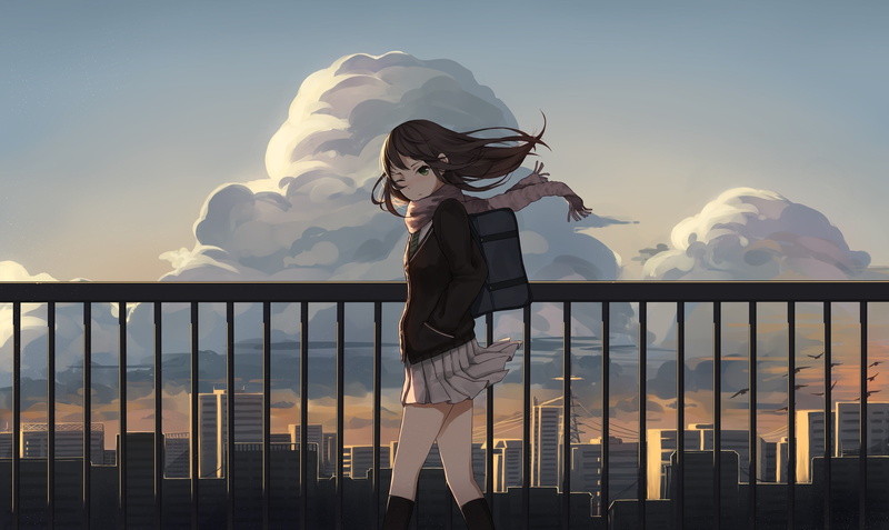 shibuya, scarf, wind, anime girls, anime, 2K, girls, city, rin, shibuya rin