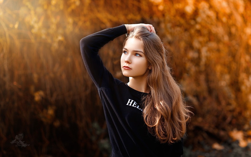 adult, looking at camera, lifestyles, young adult, 1080P, face, blue eyes, beauty, hair, fashion, hands on head, blonde, Sergey Sergeev, nature, depth of field