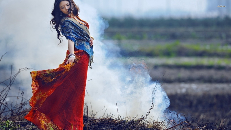 women, outdoors, young adult, full length, hairstyle, smoke - physical structure, burning, traditional clothing, Asian, women outdoors, colorful, side view
