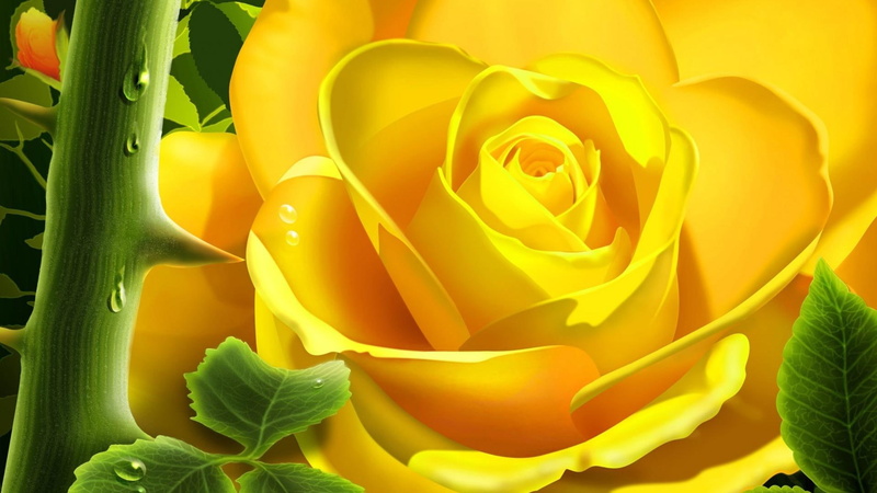 d, beautiful, yellow, rose, green, 1080P, bright, 3d and abstract, thorns