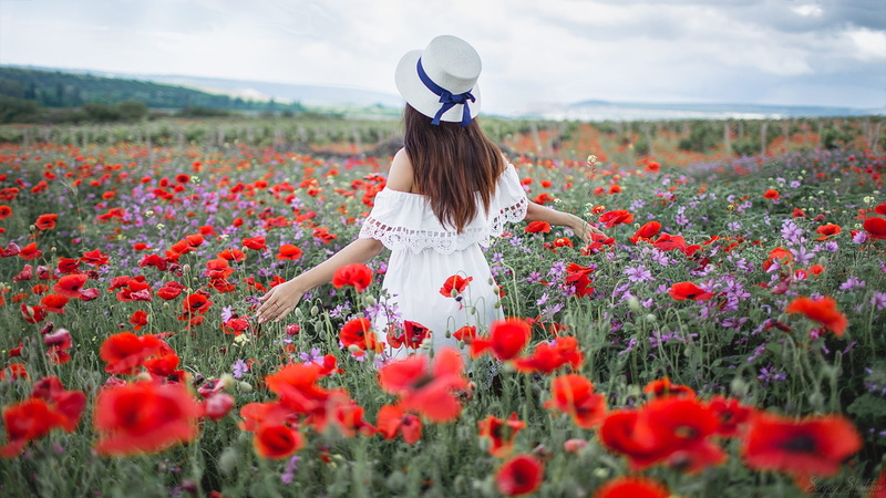 field, summer, hat, Xenia, hair, 1080P, Maki, girl, back, Sergey Shatskov, pose
