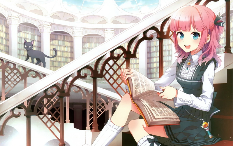 original characters, 720P, books, cat, library, anime girls