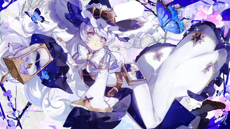 books, representation, anime girl, white color, 1080P, high angle view, purple, backgrounds, still life, witch hat, Anime, blue, dress, no people, full frame