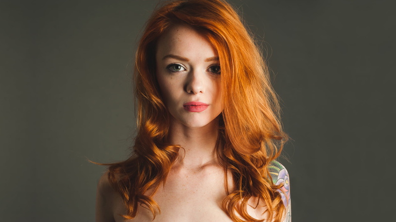 hairstyle, Tattoo, long hair, Lips, beautiful woman, 1080P, Julie Kennedy, Look, black background, Model, woman, portrait, headshot, looking at camera