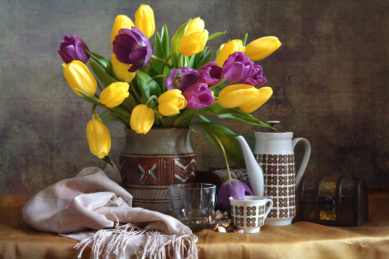 dishes, bouquet, still life, tulips, 1080P, shawl