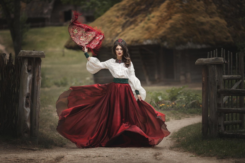 girl, outfit, shawl, 1080P, style, blouse, skirt, Marina Zaton, Alina Mur, kokoshnik