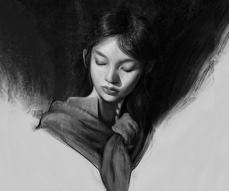 Asian, portrait of a girl, face, looking down, 1080P, Mandy Jurgens, black and white, art, shawl