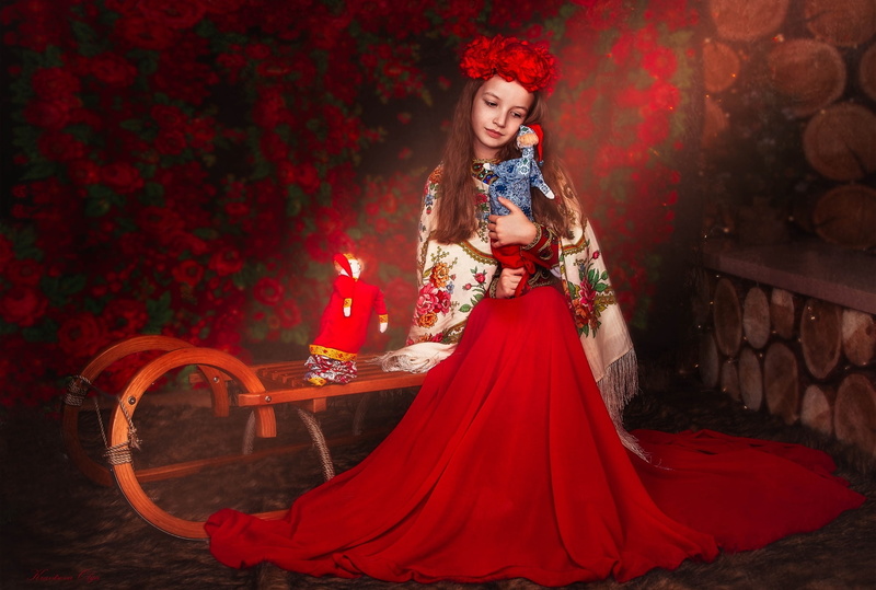 shawl, toys, girl, ethno, 1080P, sleigh, skirt, wreath