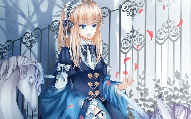 bezel, bows, girl, in the Park, petals, bangs, 1080P, dress, fence, unicorn, blue eyes, shawl
