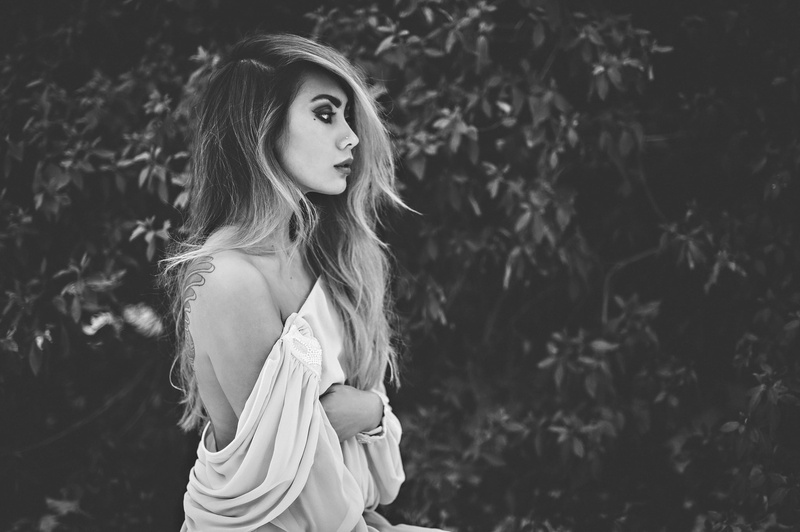 leisure activity, real people, women, long, s, plant, sensuality, sleeved, hairstyle, femininity, standing, one Person, black And White, posing, lifestyles