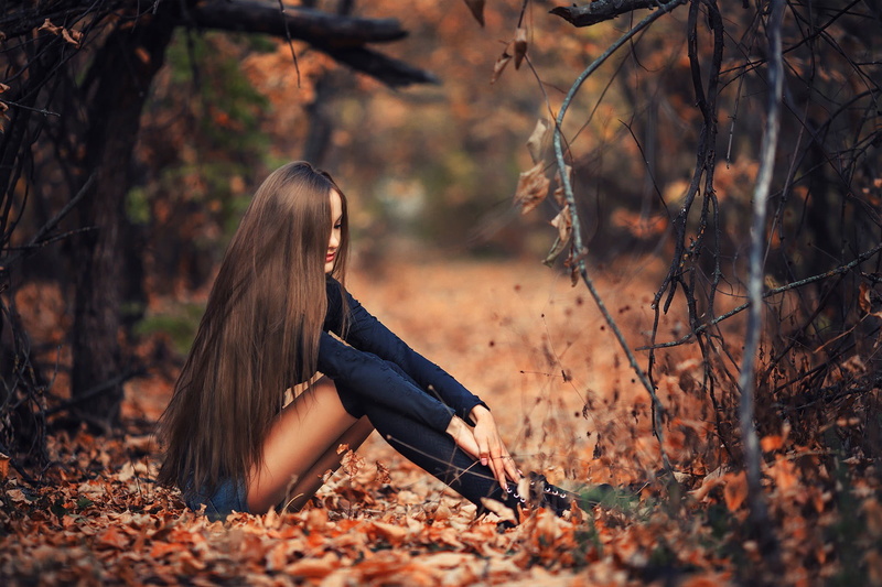 hairstyle, blue, portrait, park - Man Made Space, sensuality, casual clothing, 1080P, plant part, women outdoors, black clothing, brown Hair, happiness