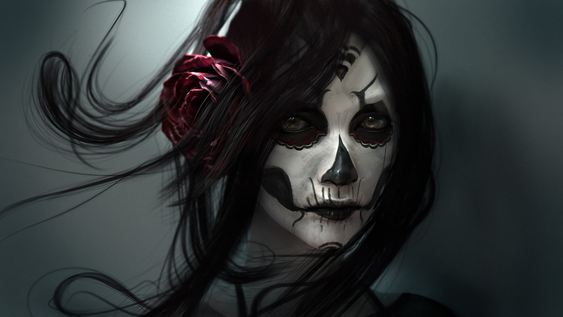 face paint, celebration, looking At Camera, young Adult, looking at viewer, females, flower in hair, fantasy art, paint, human body part, stage Make-up