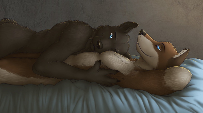 Furry, Hugging, Anthro, wolf, 720P, In Bed, blue eyes, Lying On Back