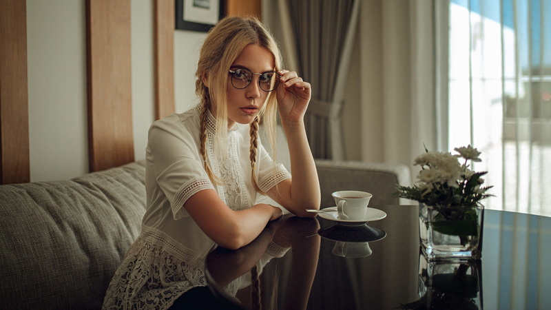 blonde, indoors, hair, Ksenia Kokoreva, women with glasses, coffee cup, beauty, cup, young adult, beautiful woman, glasses, domestic life, mug, lifestyles