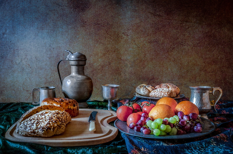 knife, flowers, still life, tomatoes, 2K, fruit, bread, pitcher, mug, berries