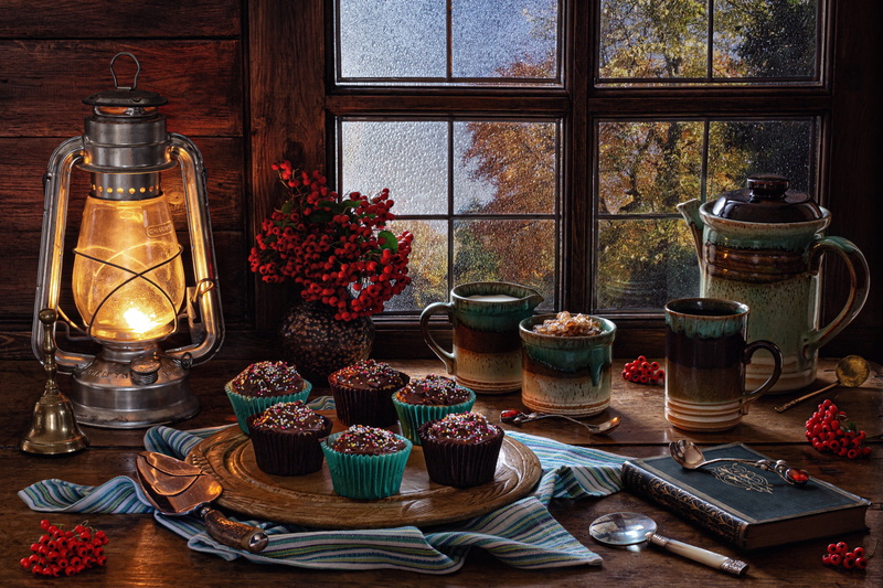 book, bunches, berries, window, still life, mug, style, 5K, cupcakes, lantern, Rowan, kettle